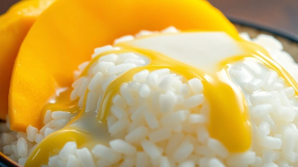 Thai mango sticky rice with fresh mango and coconut milk.