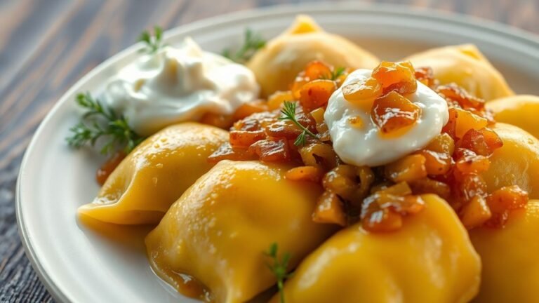 Delicious Polish pierogi with onions and sour cream.