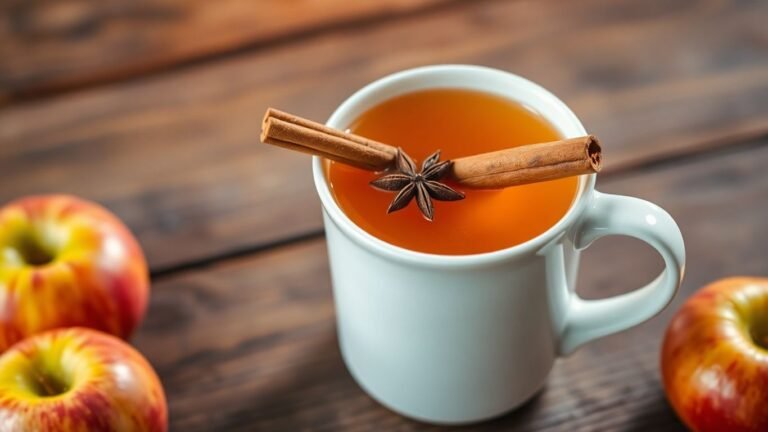 Steaming mug of spiced apple cider with cinnamon stick.