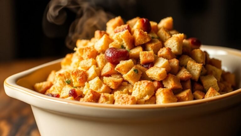 Golden sourdough stuffing in a rustic baking dish.