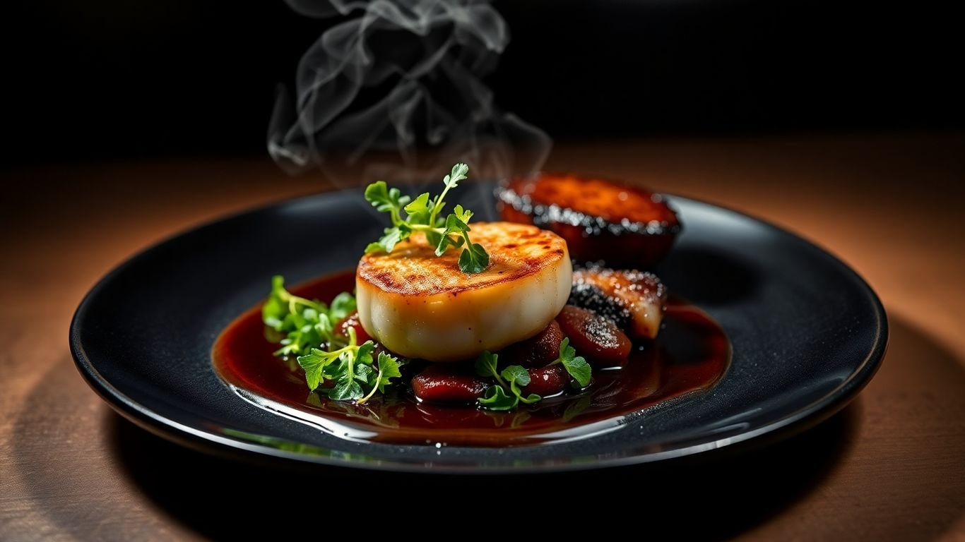 Gourmet single-serving meal with dramatic lighting.