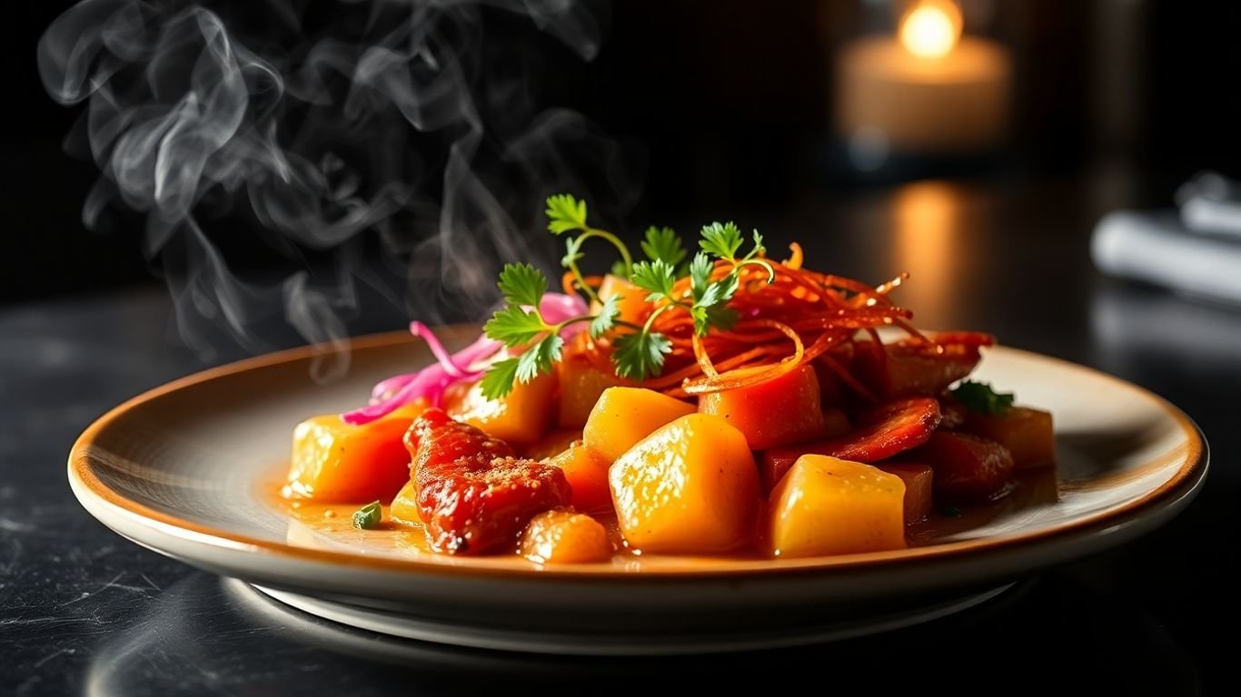 Gourmet single-serving meal with vibrant colors and garnishes.