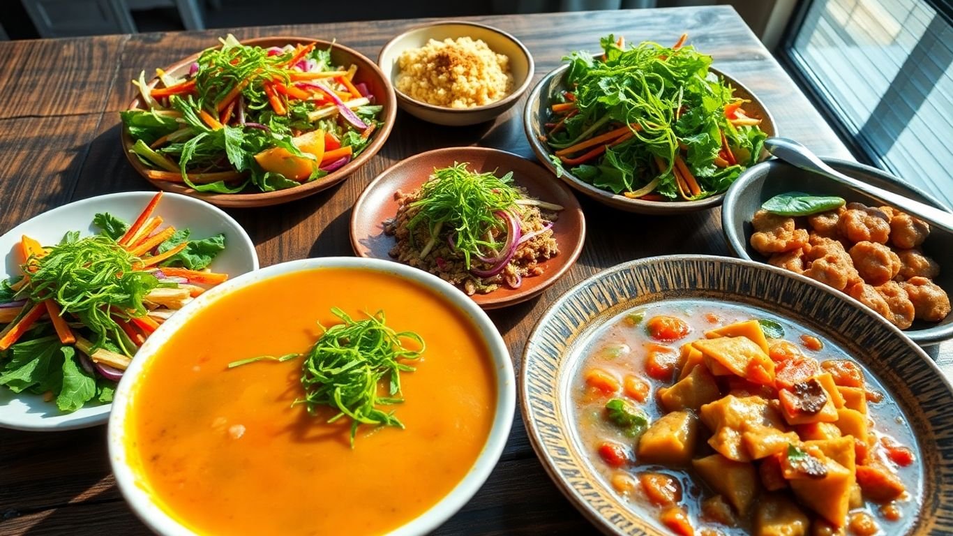 Plant-based duckweed dishes on a table.