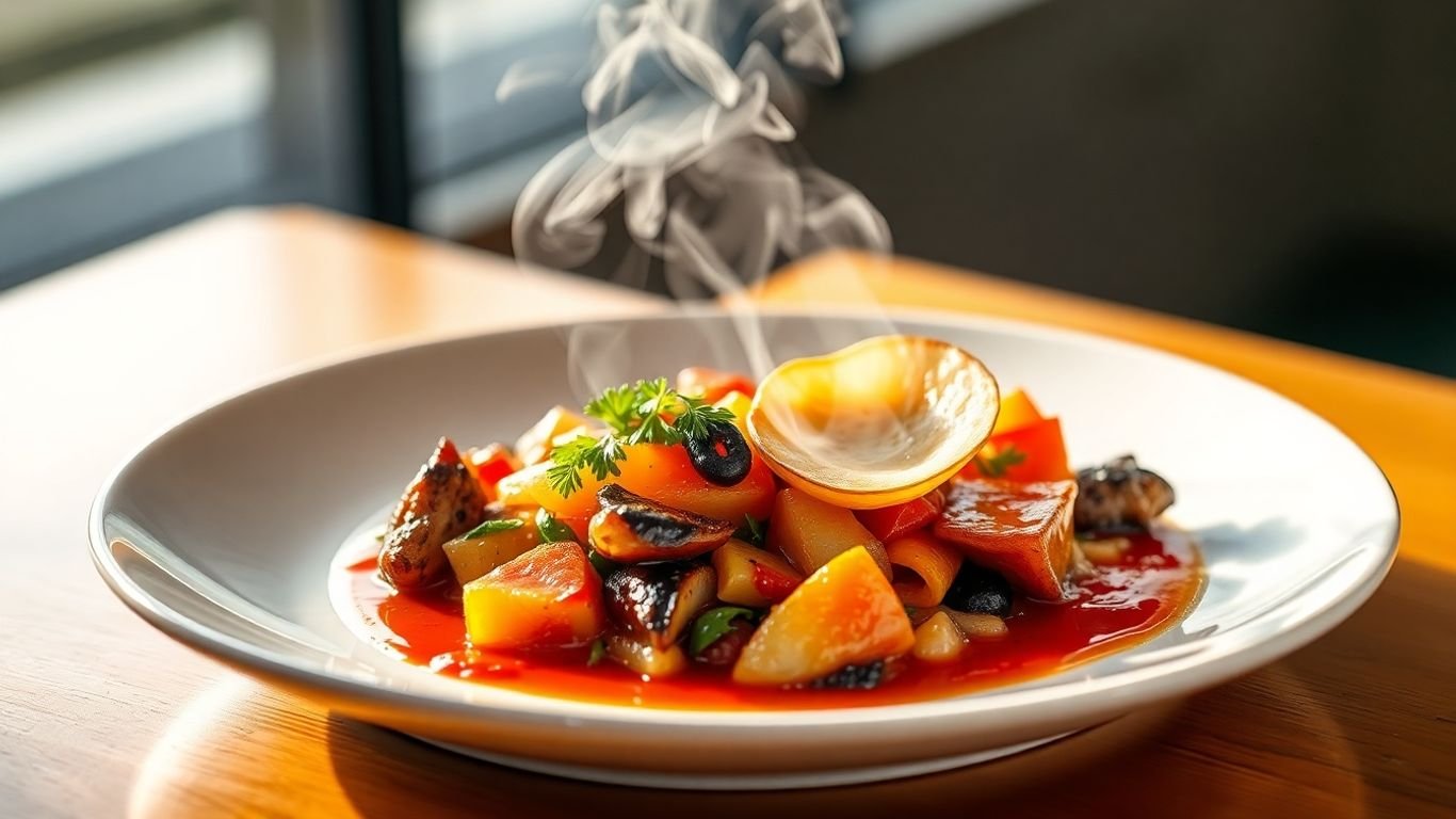 Gourmet single-serving main course, restaurant quality, beautifully plated.