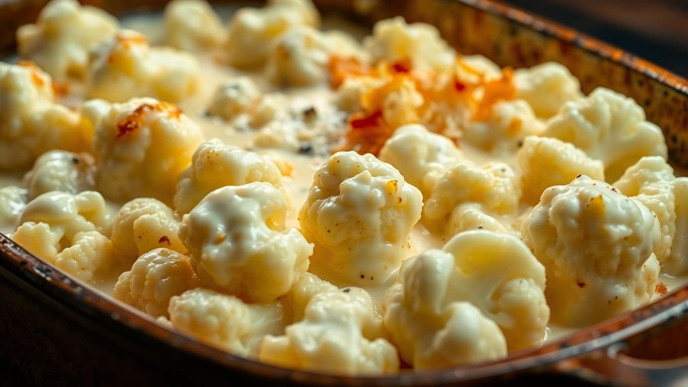 Cauliflower Alfredo Bake with creamy sauce and golden cheese.