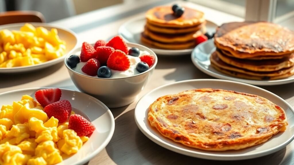 Fast, high-protein breakfast dishes with vibrant colors and textures.