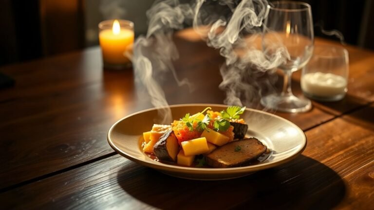 Gourmet solo dinner plate with warm lighting.