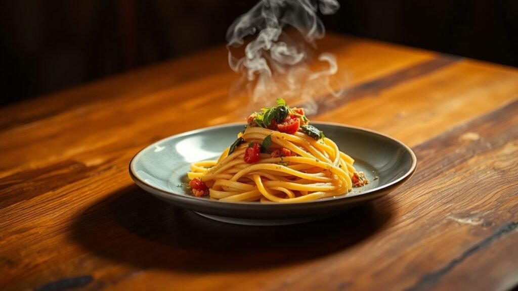 Single serving pasta dish with vibrant ingredients and dramatic lighting.