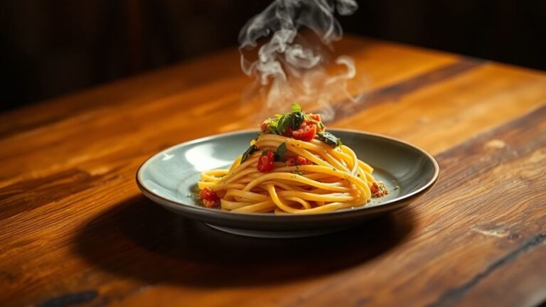 Single serving pasta dish with vibrant ingredients and dramatic lighting.
