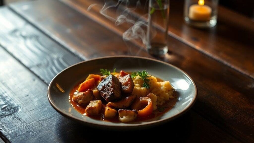 Gourmet solo meal on a table, strong lighting.