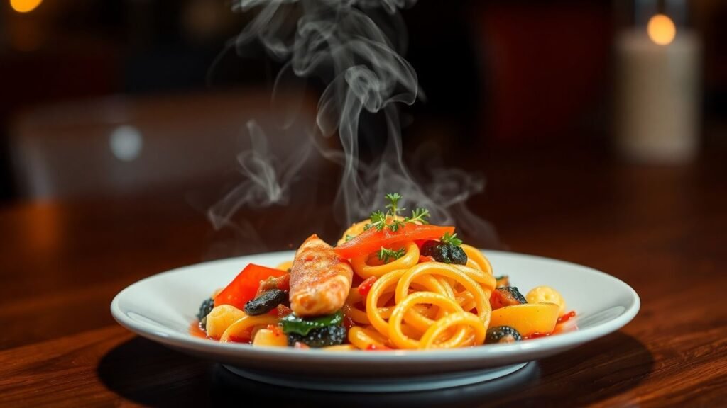 Gourmet single-serving meal, beautifully plated and lit.