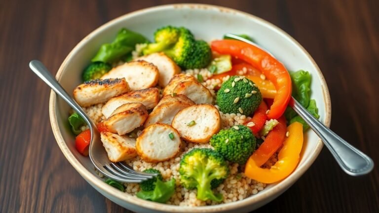 High protein lunch bowl with chicken and vegetables.