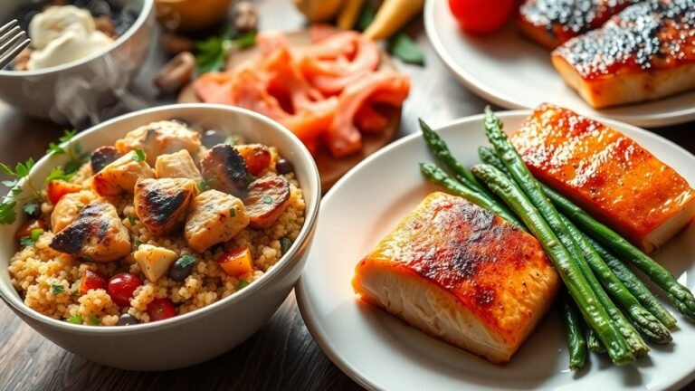 Healthy protein meals: chicken, salmon, vegetables.