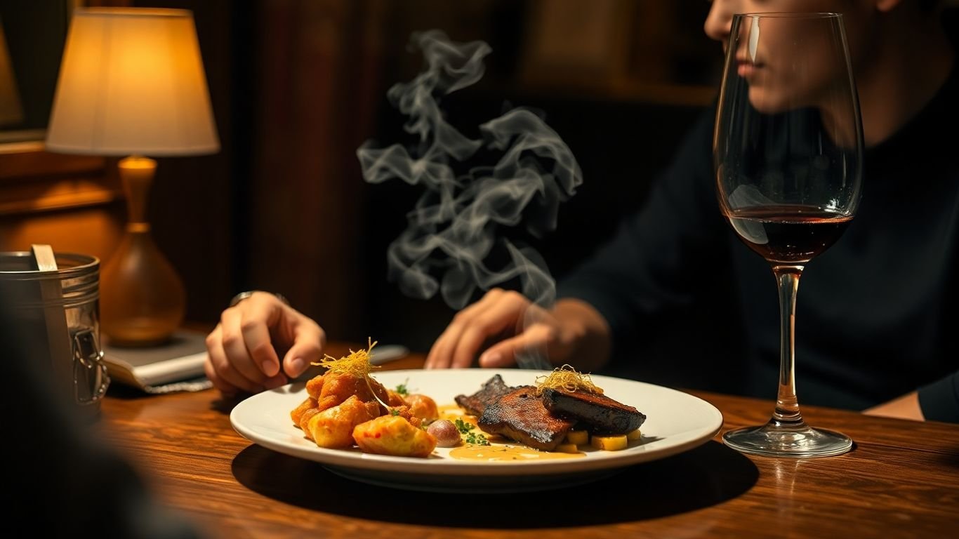 Person enjoying a solo gourmet dinner with wine.