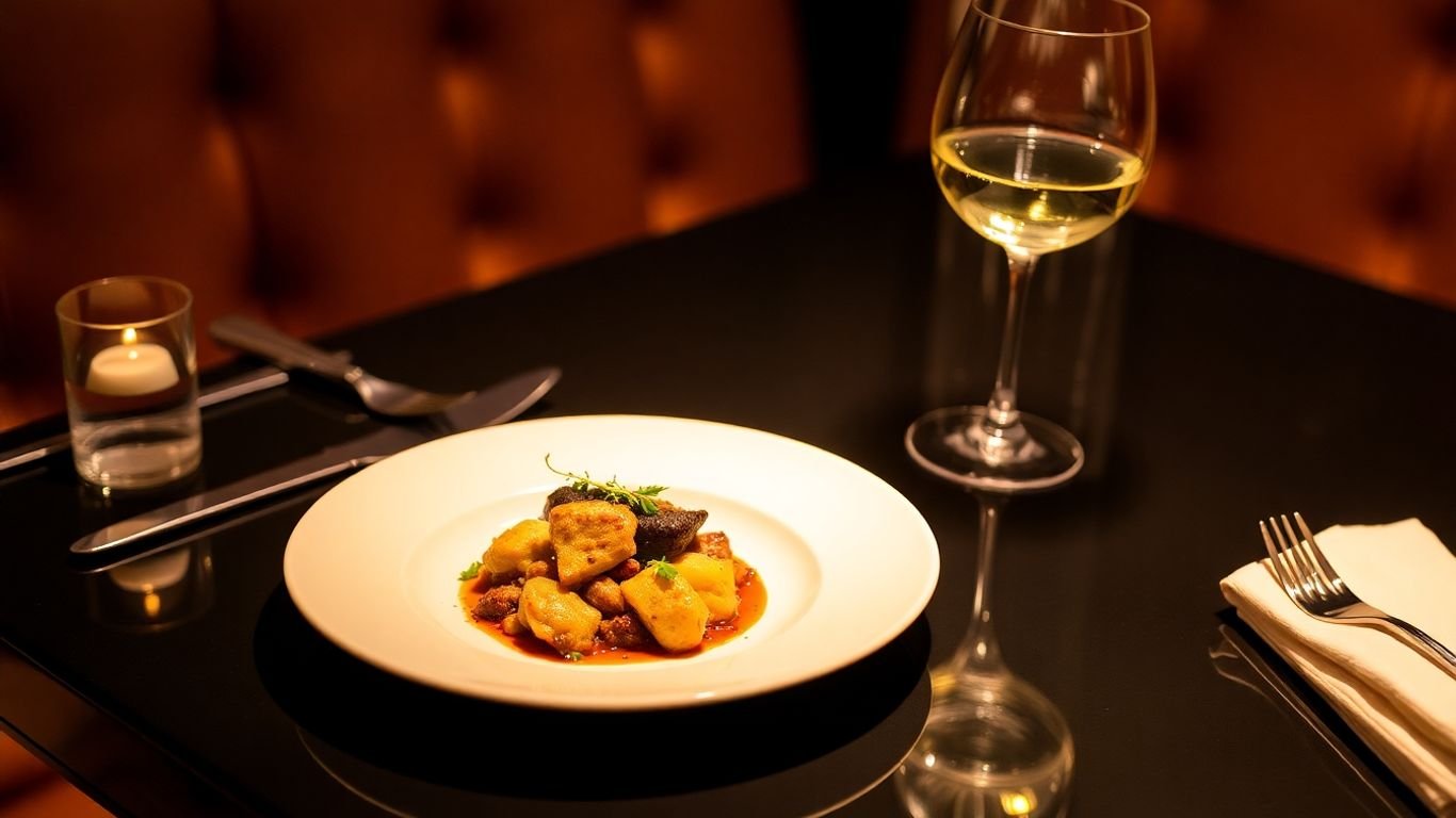 Elegant solo dinner setting with gourmet food and wine.