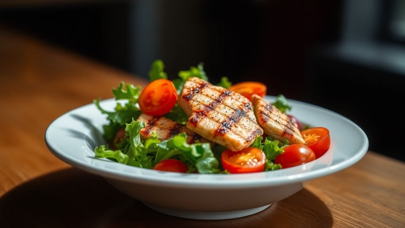 Healthy solo salad with fresh ingredients and grilled chicken.