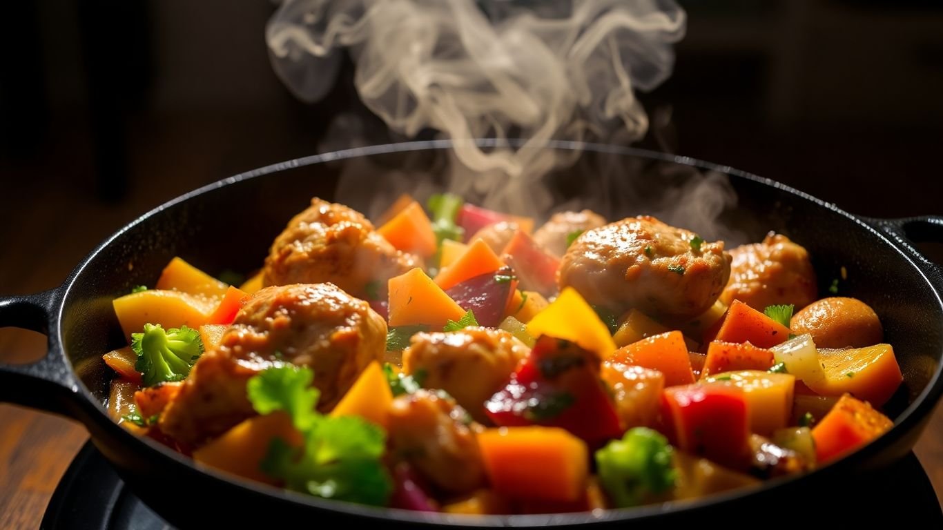 Delicious skillet meal with chicken and vegetables.