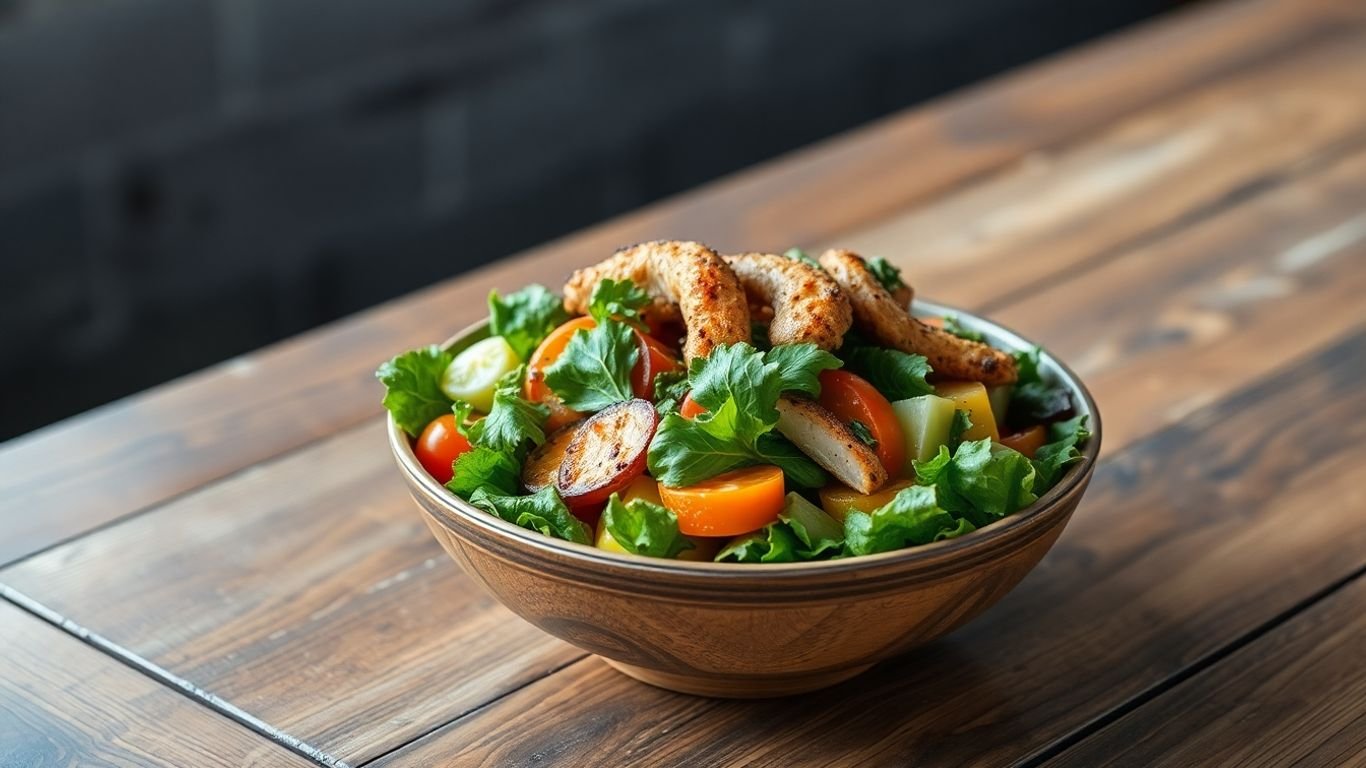 Hearty salad bowl for one on a wooden table.