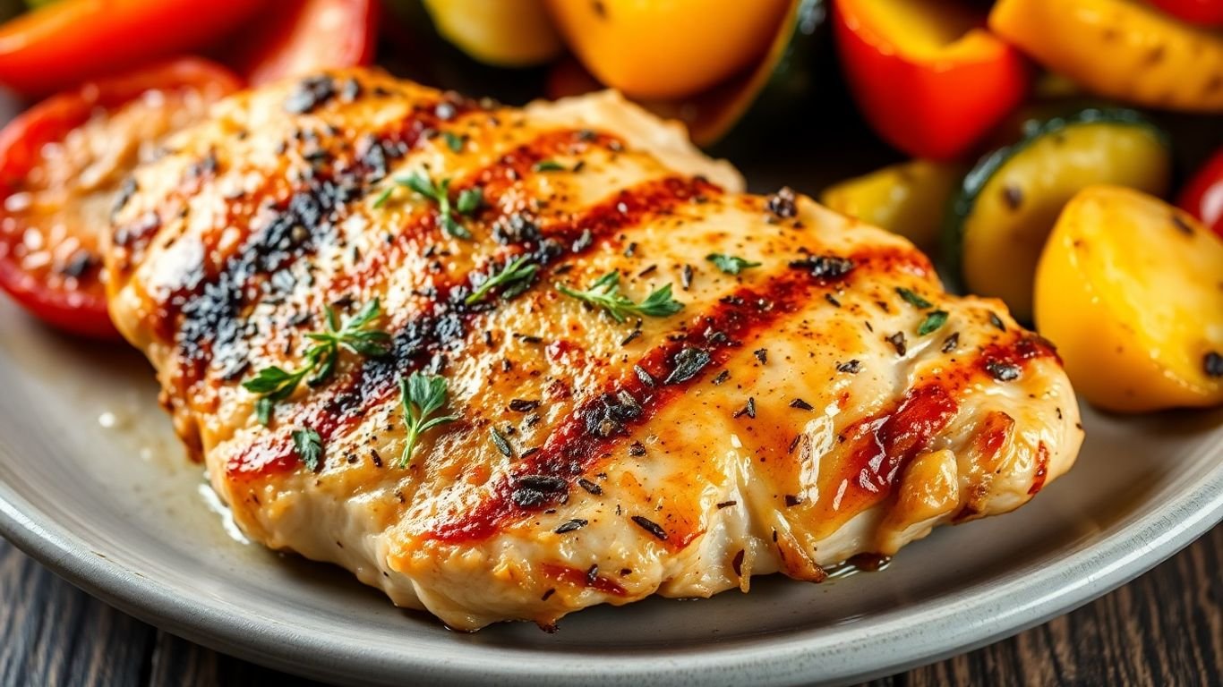 Single serving of grilled chicken and roasted vegetables.