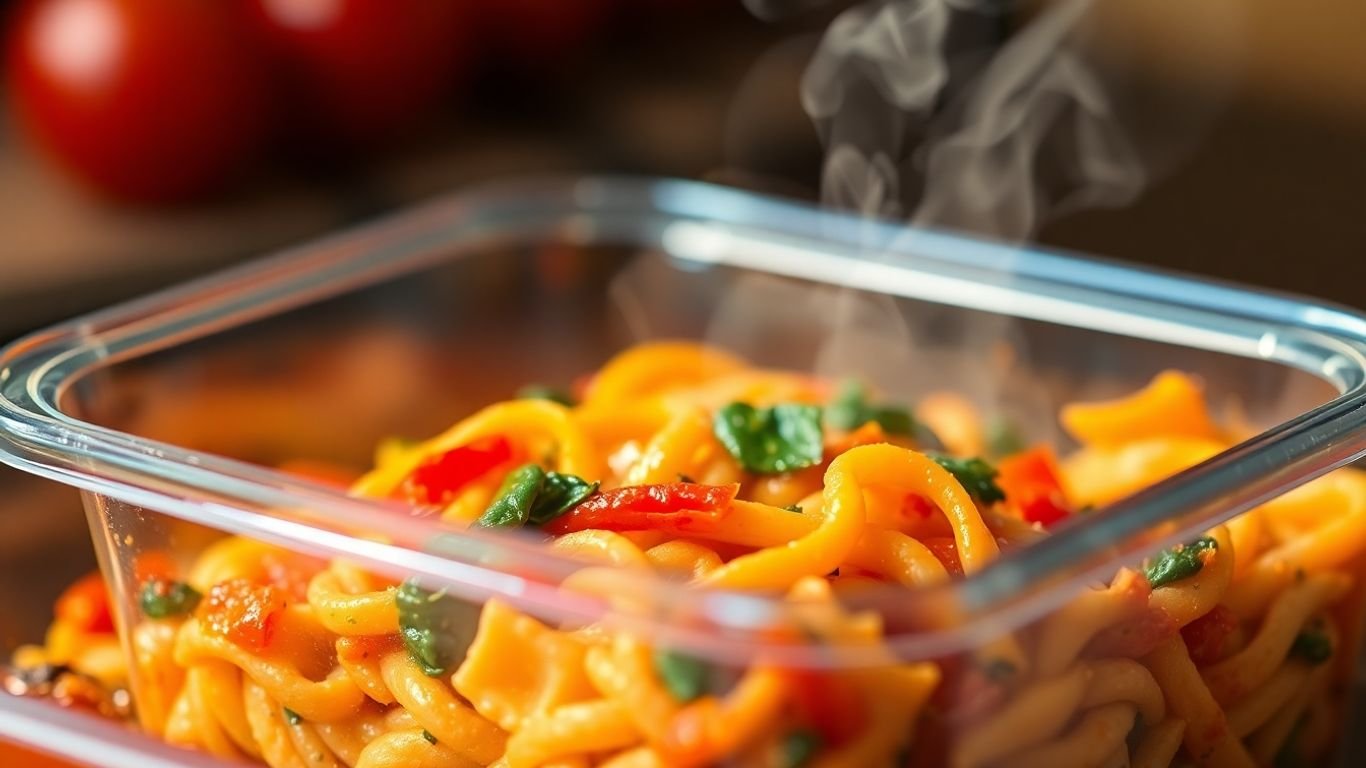 Single serving vegetarian pasta dish in a freezer container.