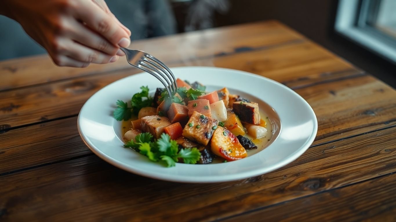 Solo dinner plate with warm lighting and a hand reaching.