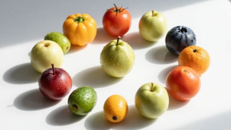 Assortment of fresh, colorful low-calorie fruits and vegetables.