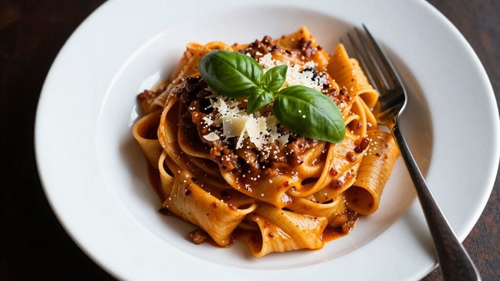 Gourmet pasta dish on a plate with basil and parmesan.