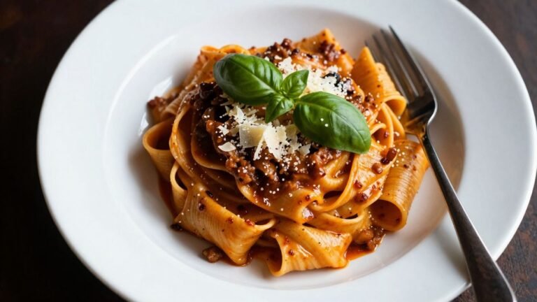 Gourmet pasta dish on a plate with basil and parmesan.