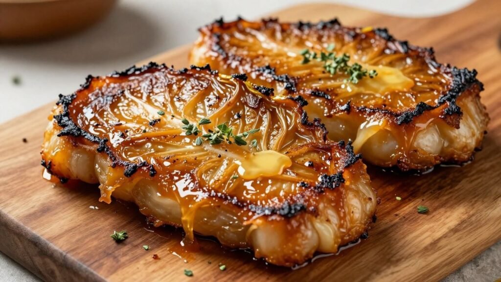 Caramelized cabbage steaks on a wooden board with herbs.