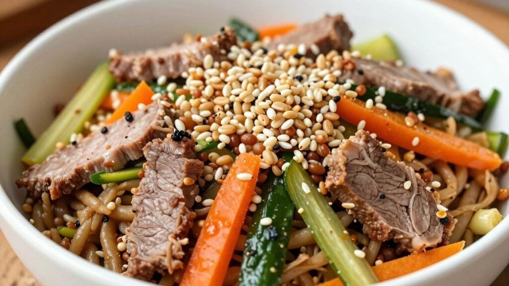Bowl of 'Boy Kibble' meal with meats and vegetables.