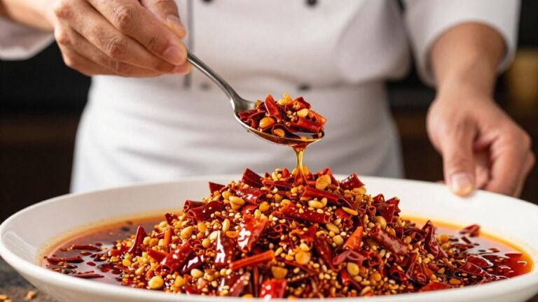 Chef drizzling chili crunch onto a gourmet dish.