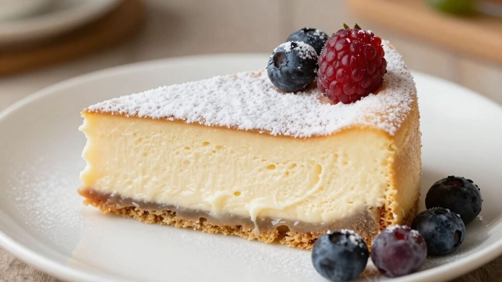 Jiggly Japanese yogurt cheesecake slice with berries