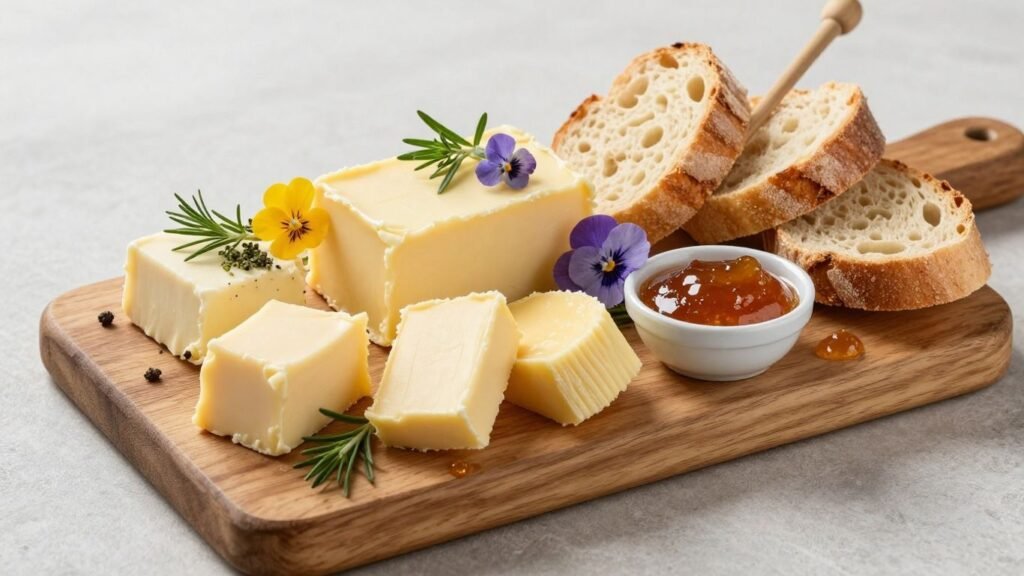 Artisanal butter board with bread, herbs, and flowers.