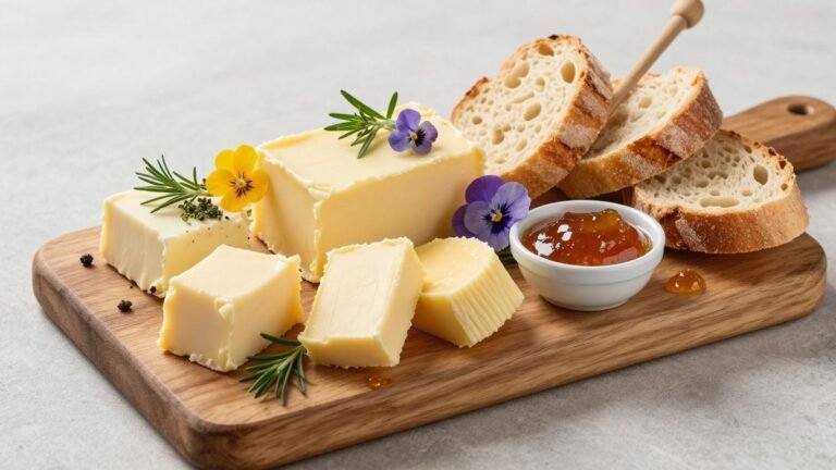 Artisanal butter board with bread, herbs, and flowers.