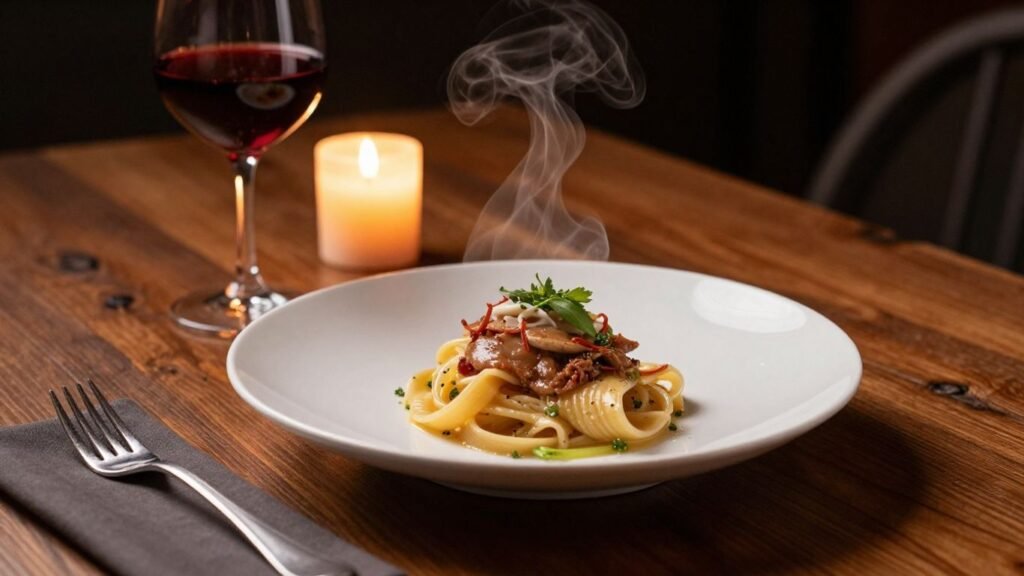 Gourmet pasta dish for one with wine and candle.