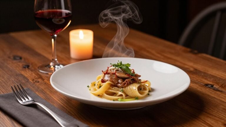 Gourmet pasta dish for one with wine and candle.